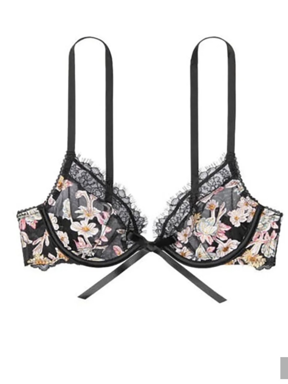 Victoria’s Secret 34B Dream Angels Low Cut Demi Bra Black Bow Sheer Sexy Floral